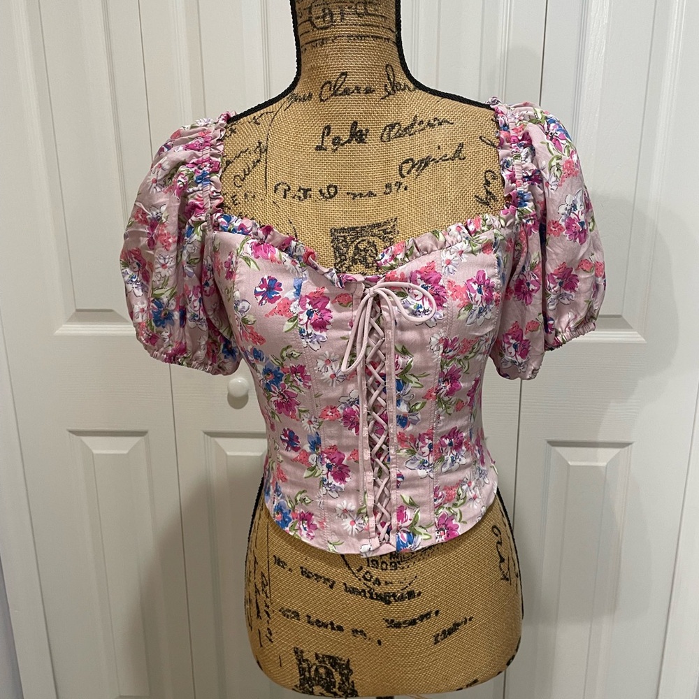 Astr Floral Pink Lace-Up Blouse